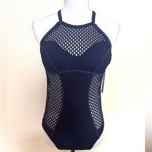 Robin Piccone Navy Blue Mesh One-Piece Swimsuit